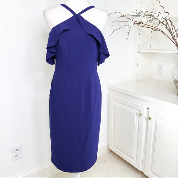 BCBGMaxAzria Elise cold shoulder Ruffle dress Blue - Picture 3 of 12